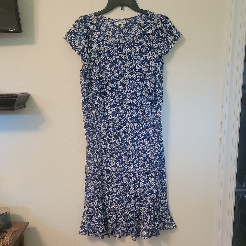 Max Studio Blue and White Ruffled Midi Dress